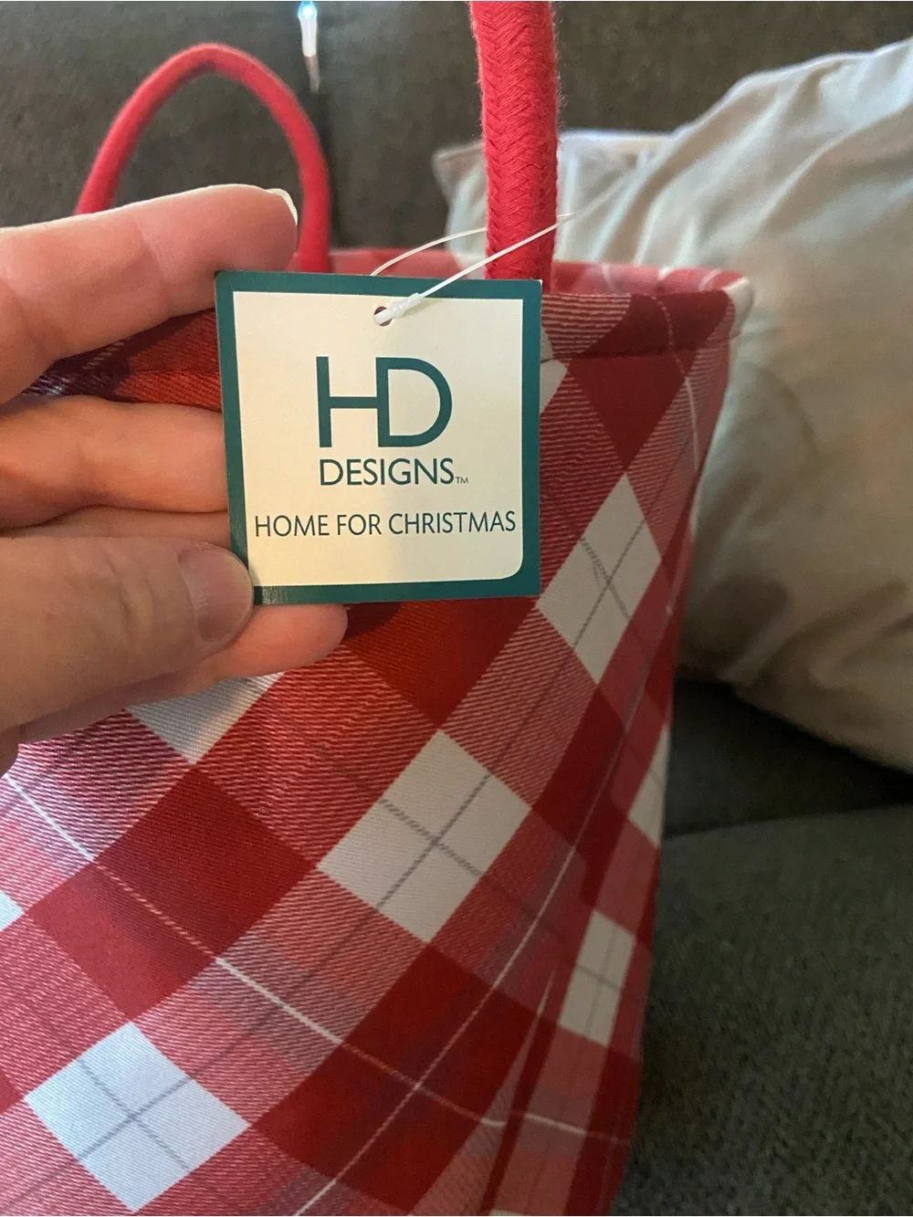 Plaid Red Canvas Fabric Storage Basket with Handles